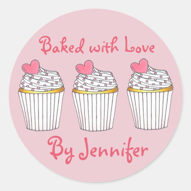 Baked with Love Personalised Pink Cupcake Heart Classic Round Sticker (Front)