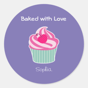 Baked With Love. Pink Cupcake and Polka Dot Cherry Classic Round Sticker