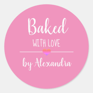Baked with love pink name   classic round sticker