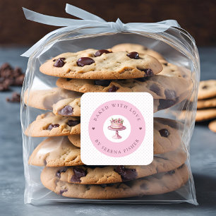 Baked With Love Pink Polka Dot Business Sticker