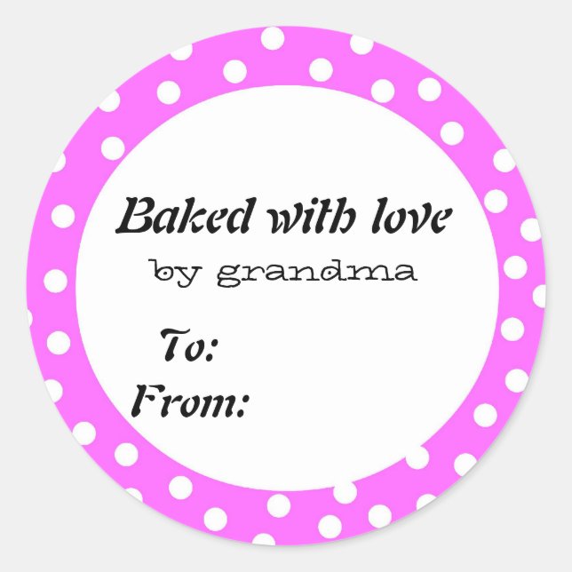 Baked with love pink polka dot classic round sticker (Front)