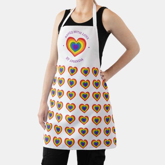 Baked With Love Rainbow Heart Pattern Custom Name Apron (Insitu)