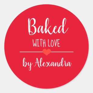 Baked with love red white script name classic round sticker