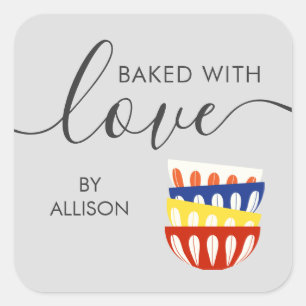 Baked With Love Tag, Colourful Retro Bowls, Square Sticker