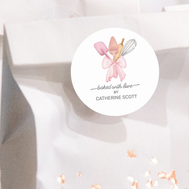 Baked with love watercolor personalised classic round sticker (Creator Uploaded)