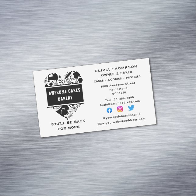 Baker Bakery Cakes Cookies Pastry Chef White Black Magnetic Business Card (In Situ)