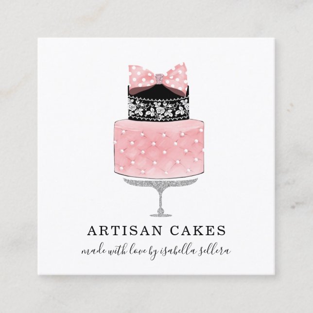 Baker Bakery Pastry Chef Pink Black Cake Square Business Card (Front)