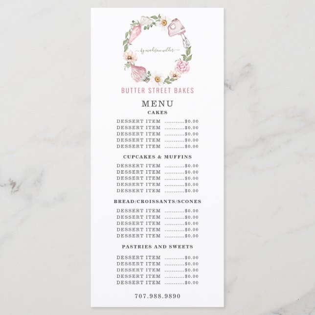 Baker Bakery Watercolor Bakers Tools Utensils Menu (Front)