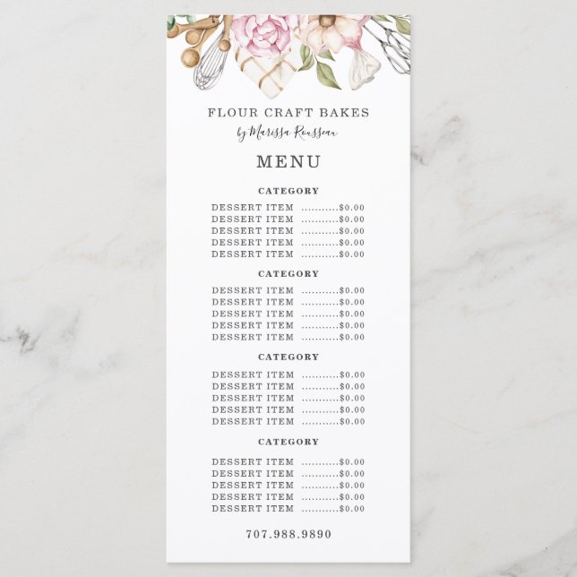 Baker Bakery Watercolor Bakers Tools Utensils Menu (Front)