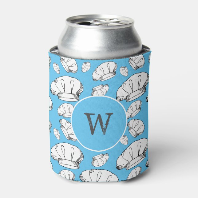 Baker Chef Hat Patterned Blue Monogrammed Can Cooler (Can Front)