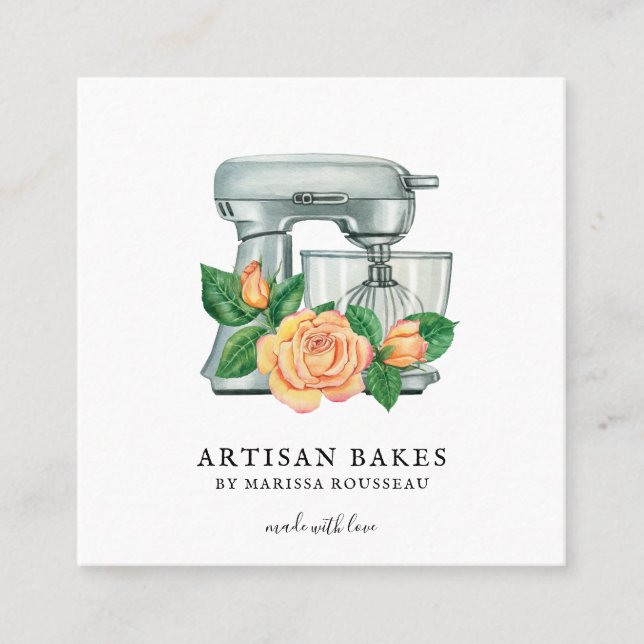 Baker Floral Watercolor Mixer Bakery   Square Business Card (Front)