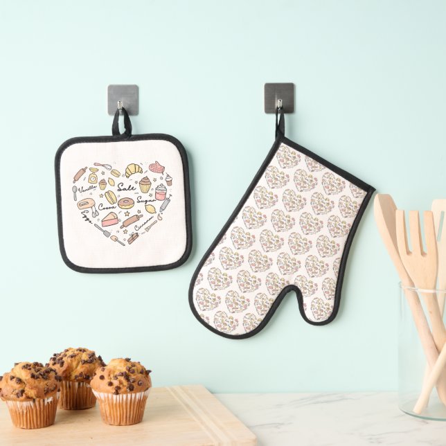 Baker Heart Funny Bakery Baking Pastry Chef Oven Mitt & Pot Holder Set (Insitu(Hanging))