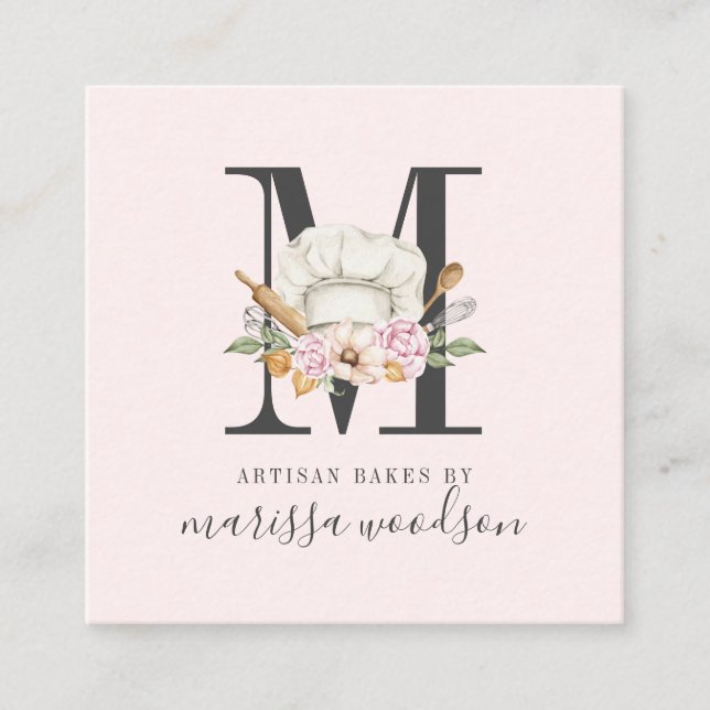 Baker Pastry Chef Bakers Tools Monogrammed Pink  S Square Business Card (Front)