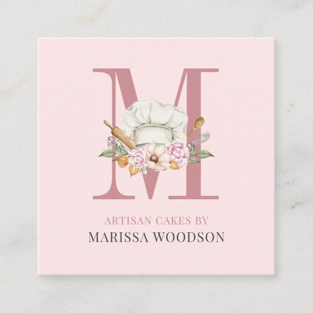 Baker Pastry Chef Bakers Tools Pink Square Busines Square Business Card (Front)