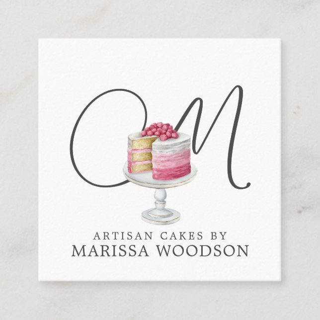 Baker Pastry Chef Pink Elegant Cake Monogrammed Square Business Card (Front)