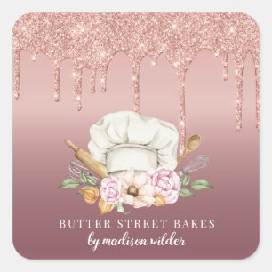 Baker Pastry Chef Rose Gold Glitter Drips Product  Square Sticker