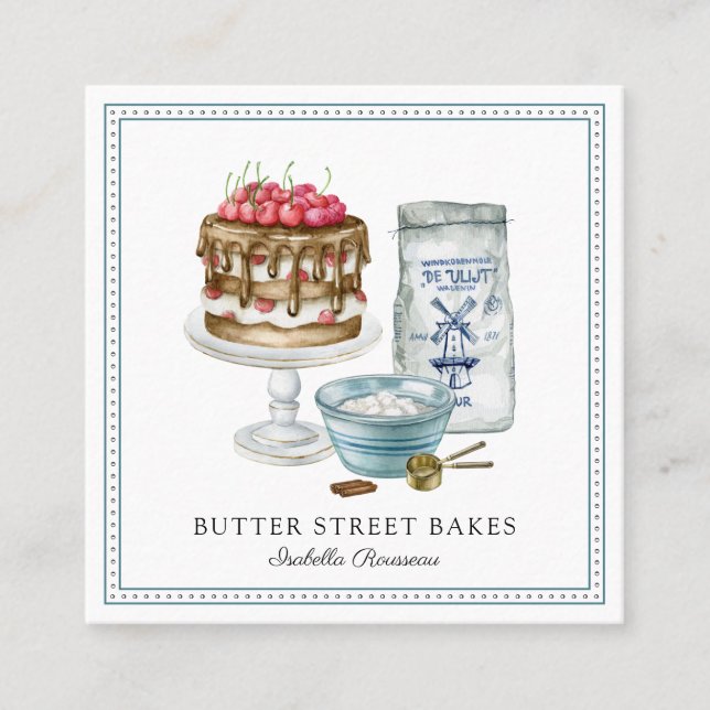 Baker Pastry Chef  Watercolor Bakery Art Square Business Card (Front)