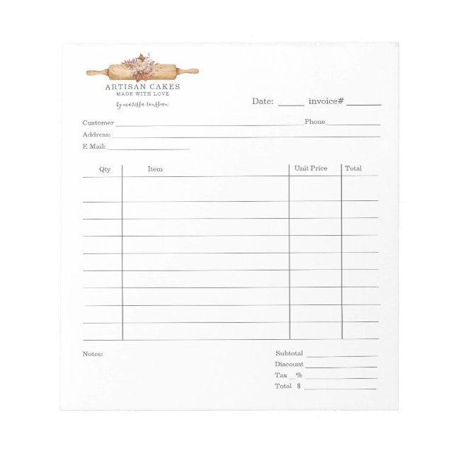 Baker Pastry Chef Watercolor Baking Invoice Pad (Front)