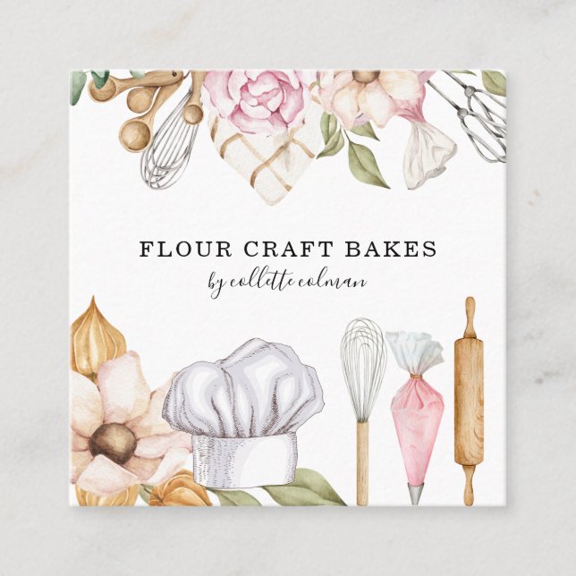 Baker Pastry Chef Watercolor Baking Tools Square Business Card (Front)