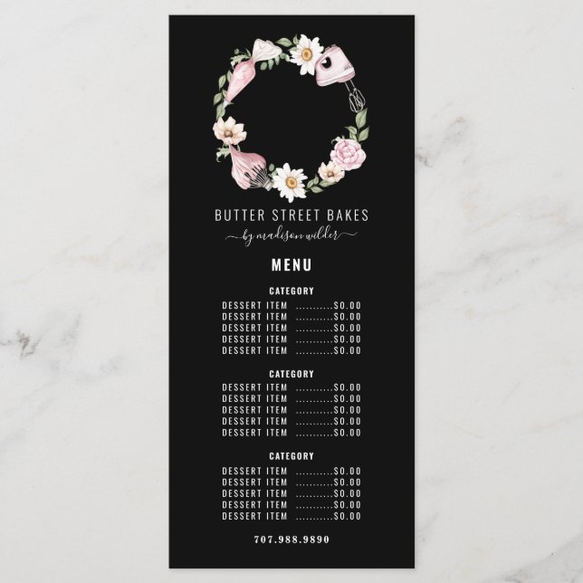Baker Pastry Chef Watercolor Baking Utensil Floral Menu (Front)