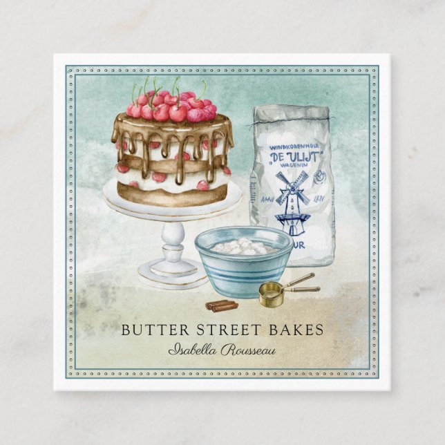 Baker Pastry Chef  Watercolor Square Business Card (Front)