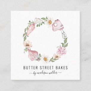 Baker Pastry Chef Watercolor Utensils Floral Square Business Card