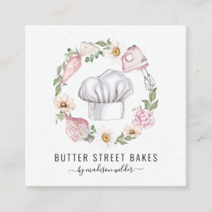 Baker Pastry Chef Watercolor Utensils Floral Square Business Card