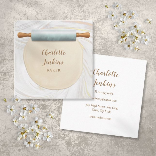 Baker Patisserie Marble Swirls Rolling Pin Square Business Card (Baker Patisserie Marble Swirls Rolling Pin Square Business Card)