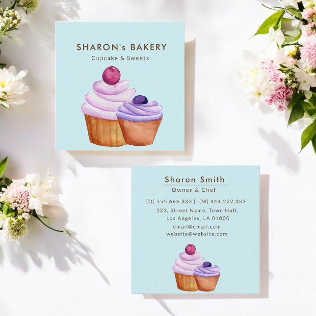 Baker Pink Purple Bakery Cup Cake Blue Square Business Card (Creator Uploaded)