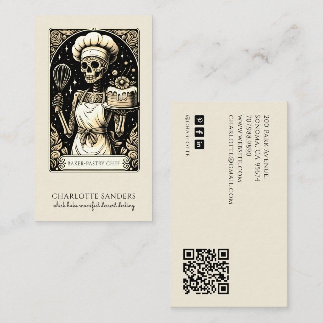 Baker Skeleton Sepia Tarot Aesthetic QR Code Business Card (Front/Back)