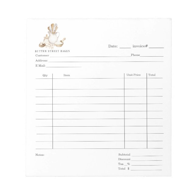 Bakers Tools Dessert Cater Invoice Pad (Front)