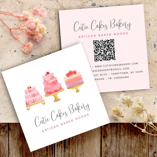Bakery 3 Blush Pink Cakes QR Code Pastry Chef Cute Square Business Card (Creator Uploaded)