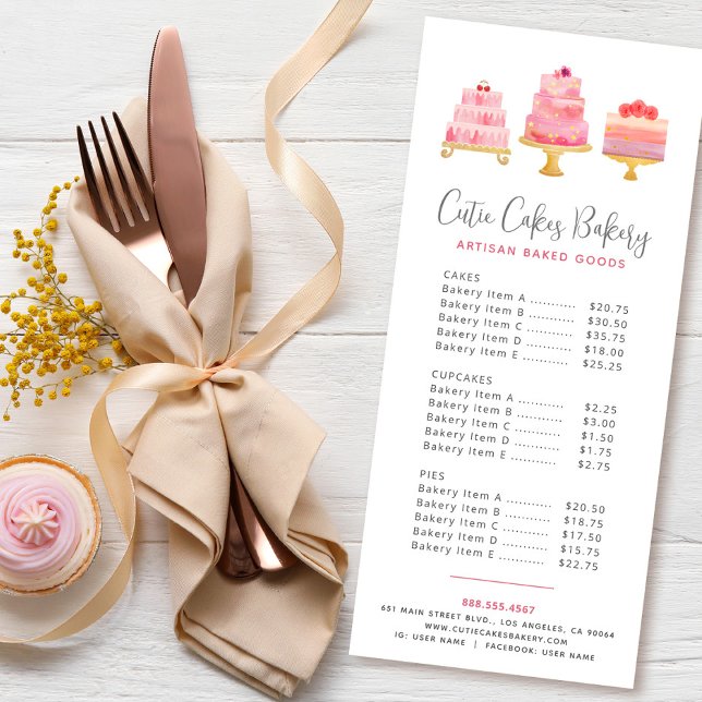 Bakery 3 Blush Pink Watercolor Cake Desserts Menu (Creator Uploaded)