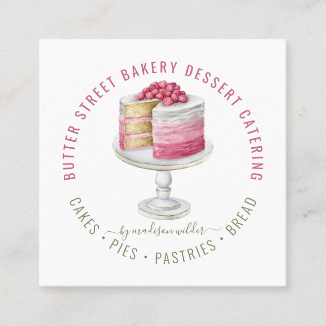 Bakery Baker Pastry Chef Watercolor Cake Square Business Card (Front)
