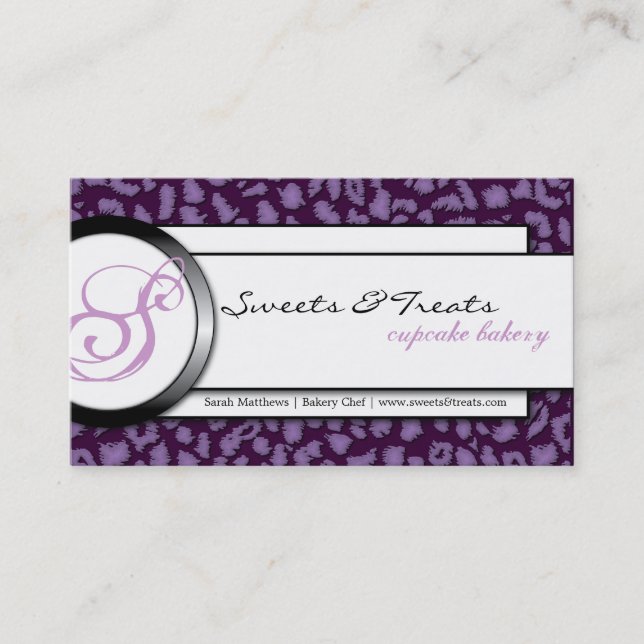 Bakery Black Purple Monogram Leopard Business Card (Front)