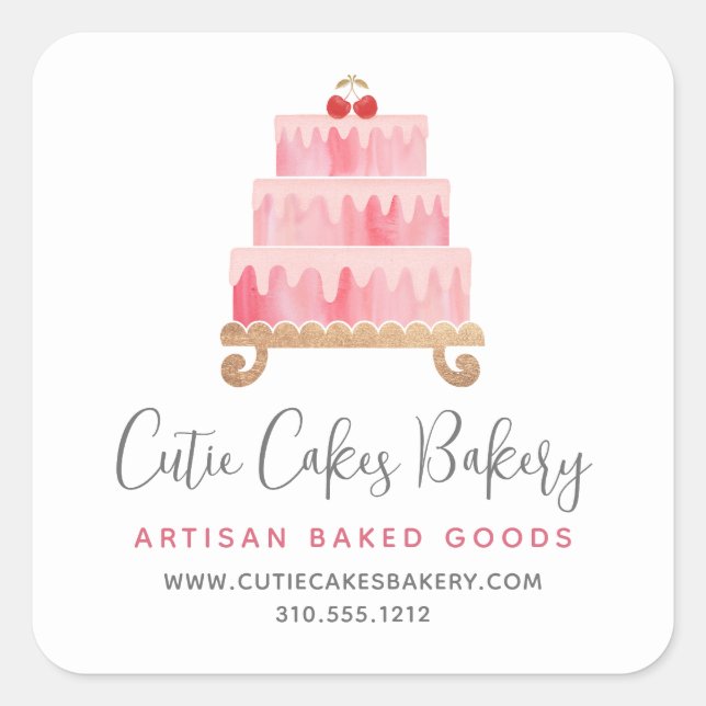 Bakery Blush Pink Cake Dessert Pastry Chef Modern Square Sticker (Front)