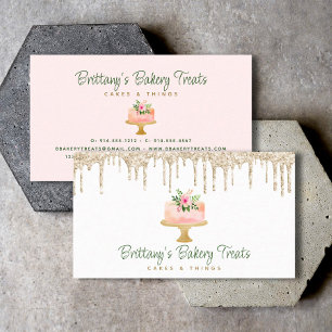 Bakery Blush Pink Cake Gold Glitter Drips Dessert Business Card