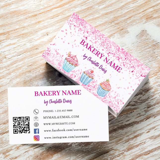 Bakery blush pink cupcakes pastry QR code Business Card (Creator Uploaded)