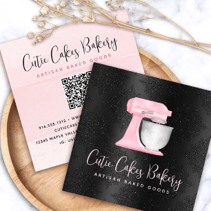 Bakery Blush Pink Kitchen Mixer QR Code on Black Square Business Card