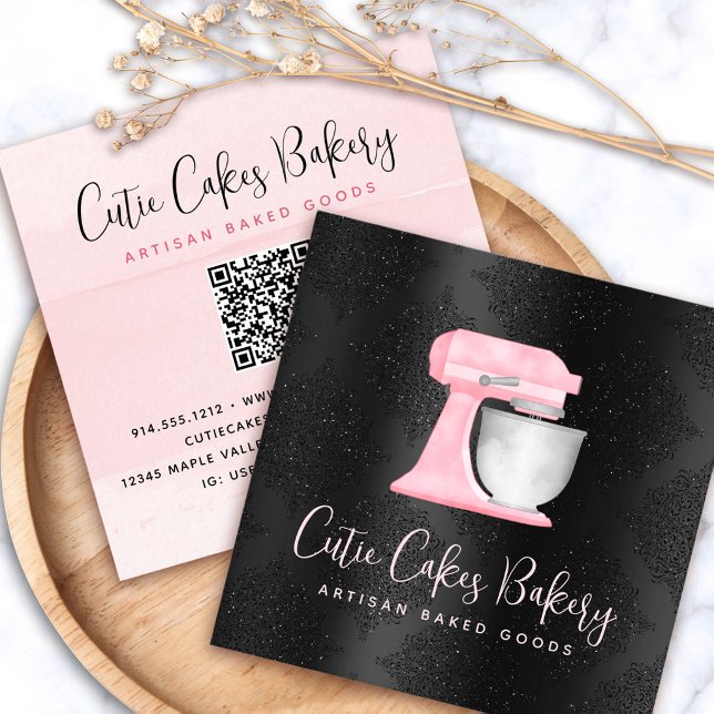 Bakery Blush Pink Kitchen Mixer QR Code on Black Square Business Card (Creator Uploaded)