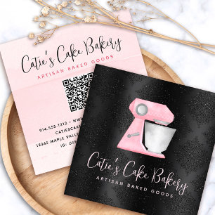 Bakery Blush Pink Kitchen Mixer QR Code on Black Square Business Card