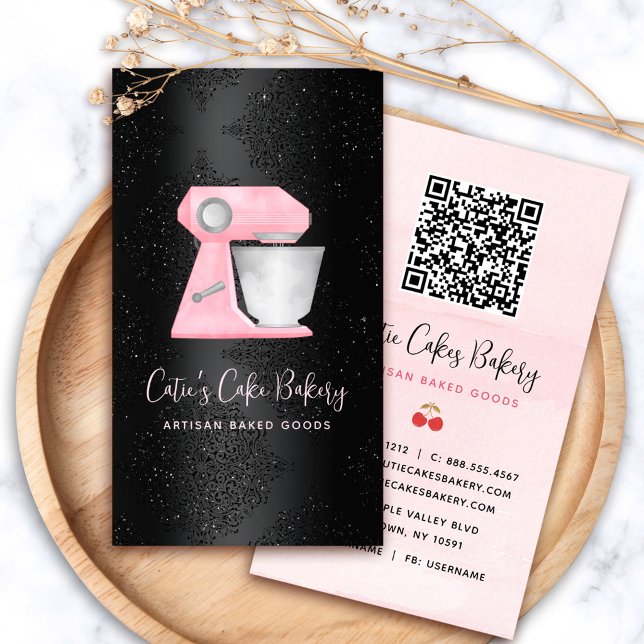 Bakery Blush Pink Mixer QR Code on Black Damask Business Card (Creator Uploaded)