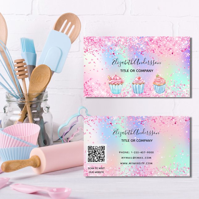 Bakery blush pink purple glitter dust QR code Business Card (Creator Uploaded)