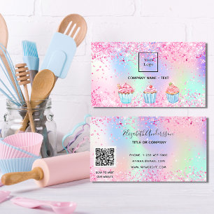 Bakery blush pink purple glitter dust QR code logo Business Card