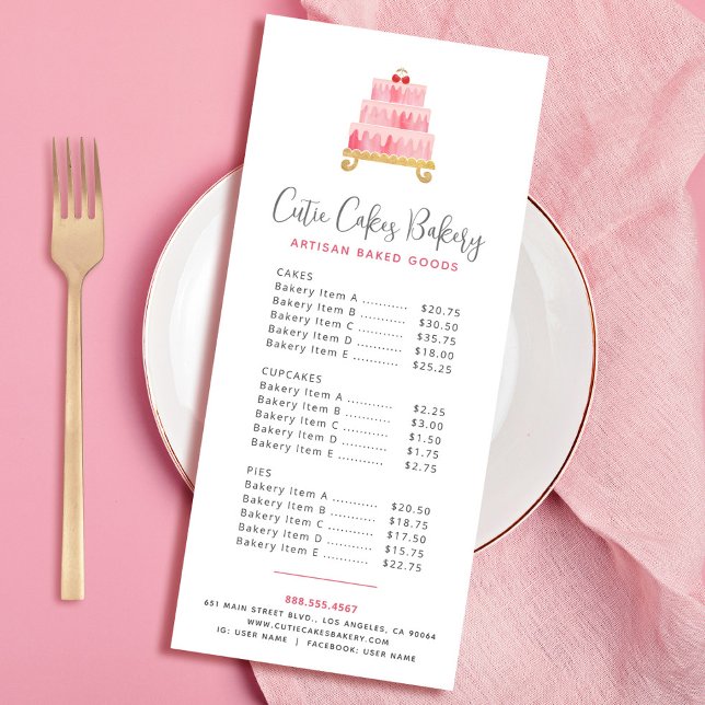 Bakery Blush Pink Watercolor Cake Dessert Menu (Creator Uploaded)