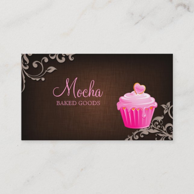 Bakery Business Card Cupcake Linen Brown Bg (Front)