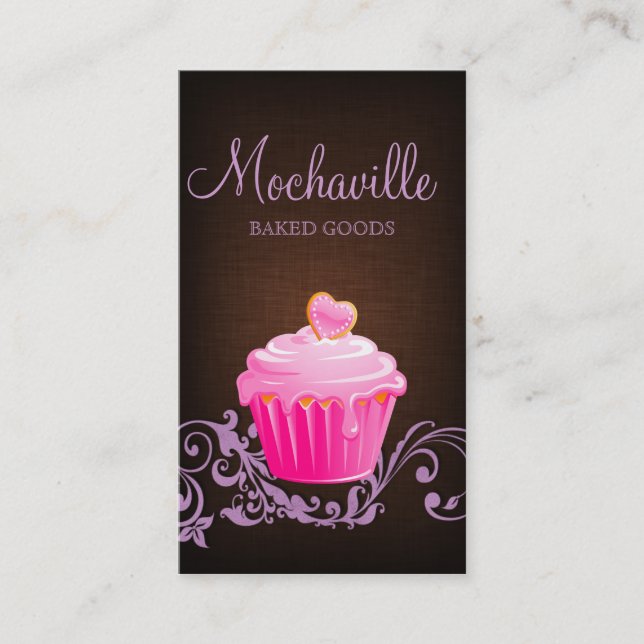Bakery Business Card Cupcake Linen Brown Purple (Front)