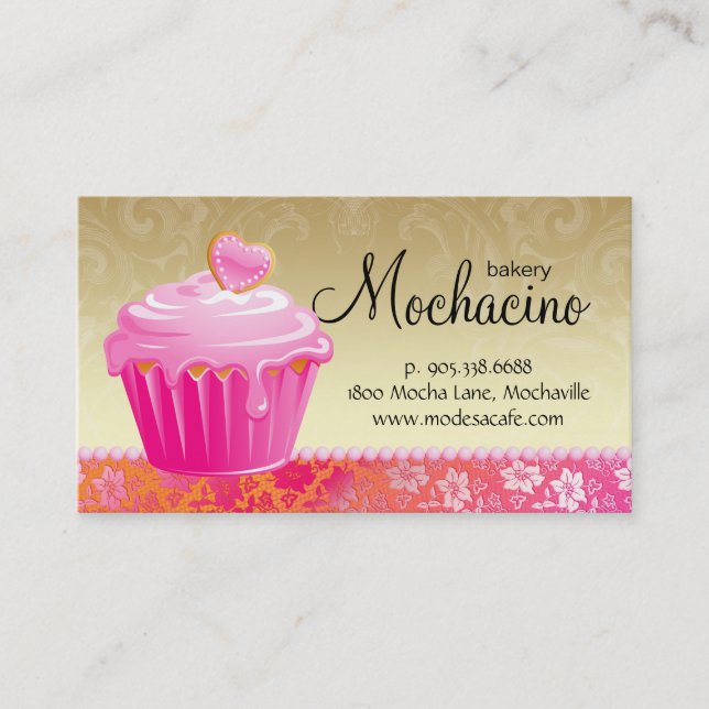 Bakery Business Card cute cupcake gold & lace (Front)