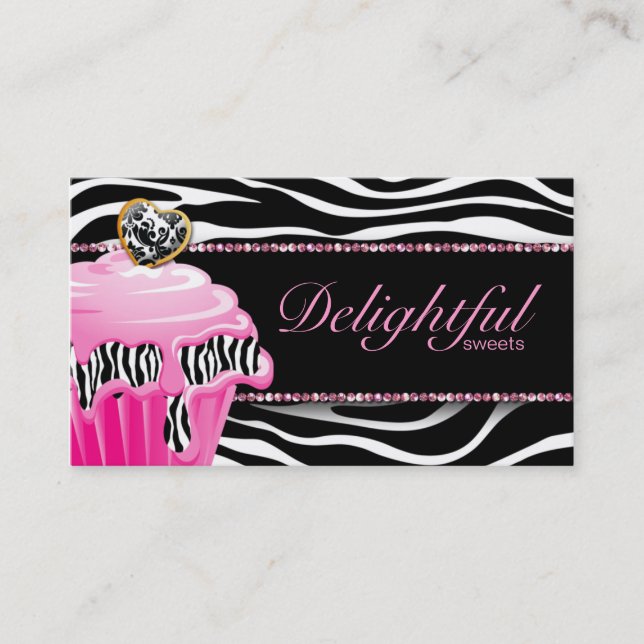 Bakery Business Card Zebra Pink Cupcake Damask (Front)