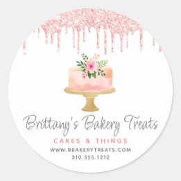 Bakery Cake Blush Pink Glitter Drip Pastry Dessert Classic Round Sticker